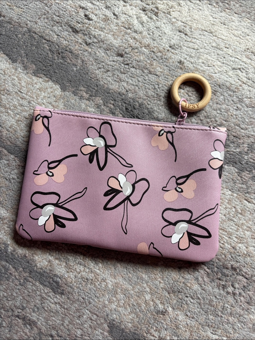 Ipsy Pink Floral Zip Pouch with Wooden Ring